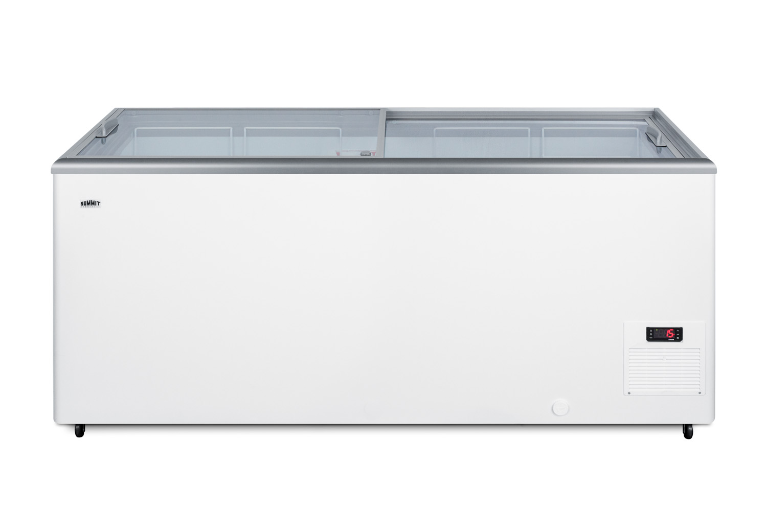Flat top commercial ice cream freezer with sliding glass lid, digital thermostat, novelty baskets, and 17.8 cu.ft. capacity